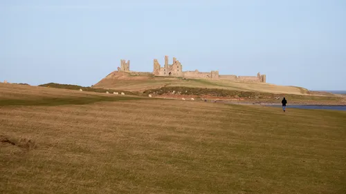Looking along a grassy field, with a solitary hiker walking towards Dunstanburugh castle in the background.